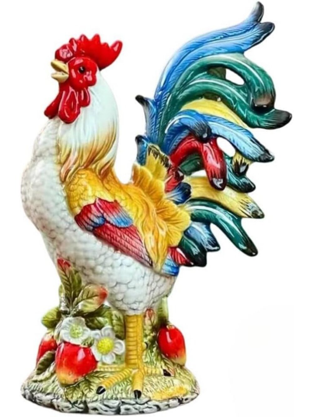 Hand-Painted Large Strawberry Rooster Figurine - 11.5" Home Decor Accent